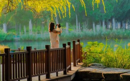 Frau steht am See, fotografiert die Natur und genießt die ruhige Umgebung